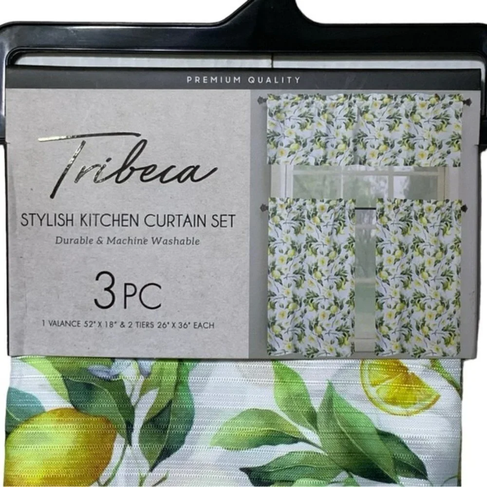 Tribeca Cafe Curtain Set Lemon Print 3 Piece Tier Set Fruit Floral White Yellow